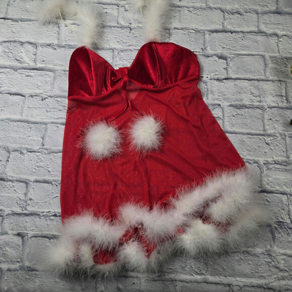 NWT Inner Secrets Mrs Claus Red Velveteen Mesh Maribou Cami size Medium Negligee - Picture 3 of 13